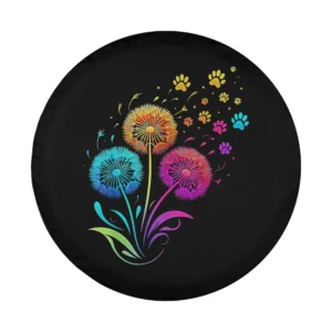 Rainbow dandelion flowers and dog paw prints design for spare tire cover
