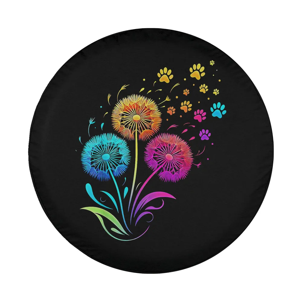Rainbow dandelion flowers and dog paw prints design for spare tire cover