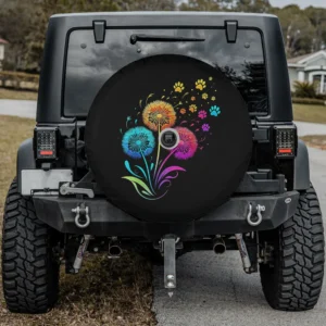 Spare tire cover with colorful dandelion flowers and dog paw prints, camera hole option
