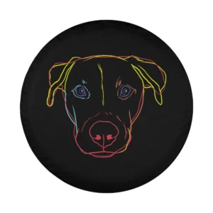 Minimalist neon line art Black Mouth Cur dog face on black background
