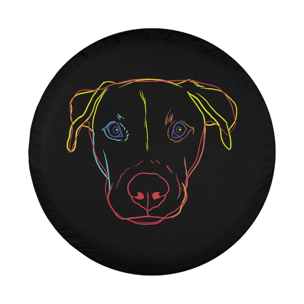 Minimalist neon line art Black Mouth Cur dog face on black background