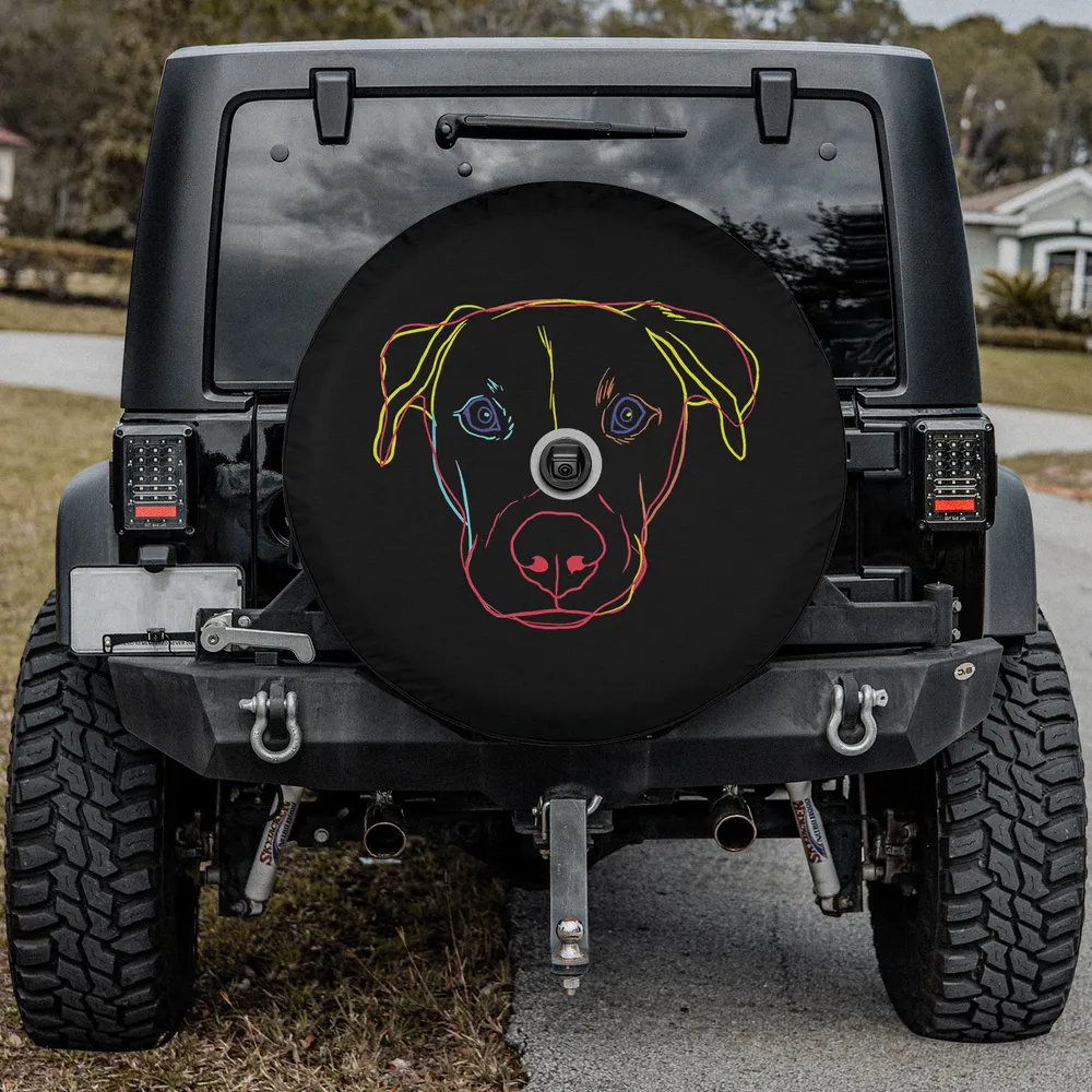 Black Mouth Cur dog spare tire cover with neon lines and camera hole