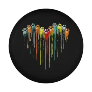 colorful dog paw heart watercolor drips design on black tire cover
