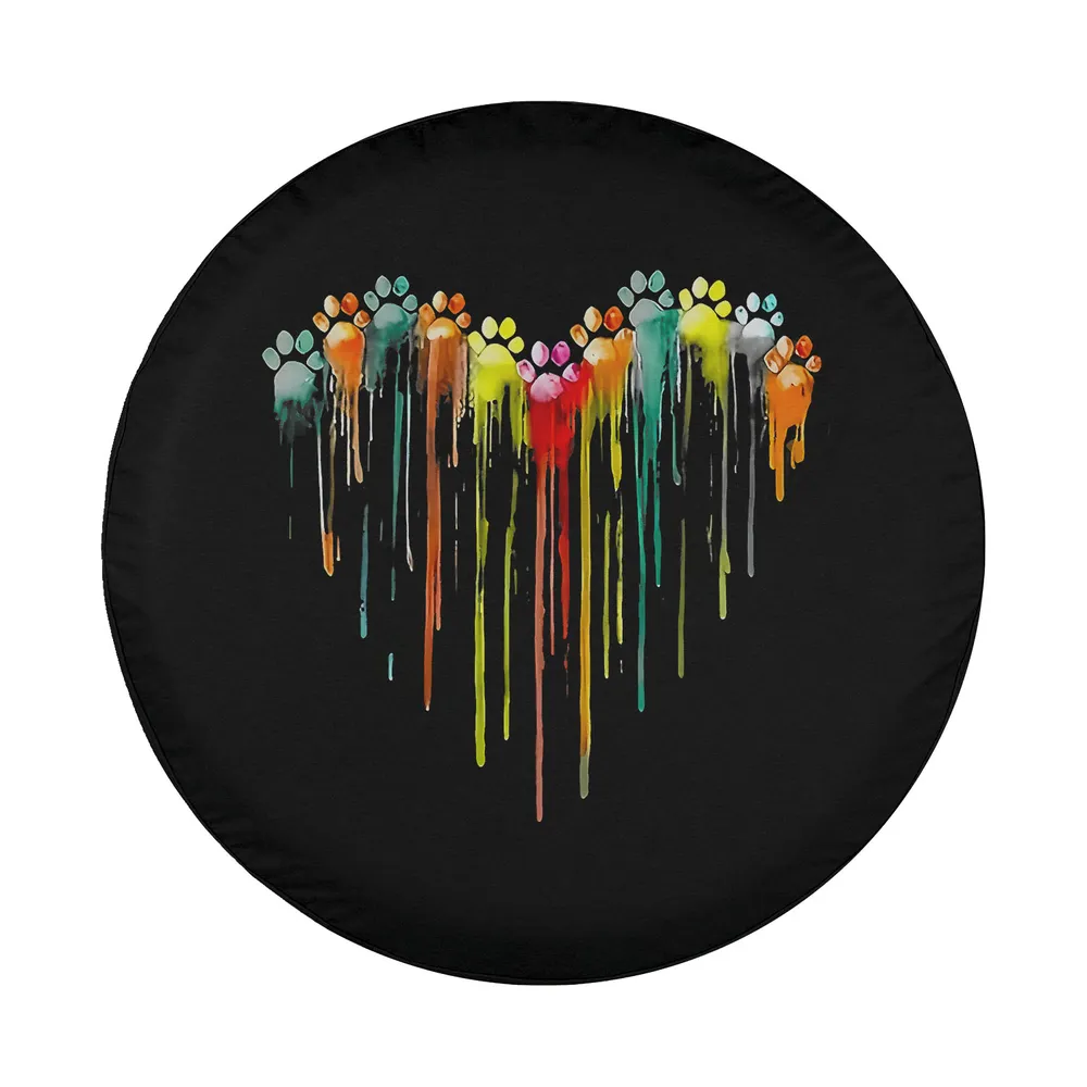 colorful dog paw heart watercolor drips design on black tire cover