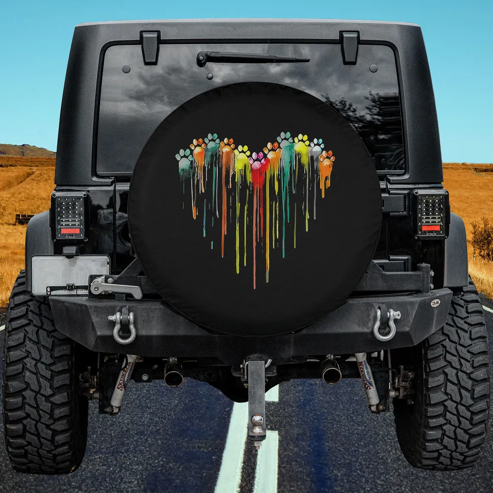 colorful dog paw heart watercolor drips spare tire cover no camera hole