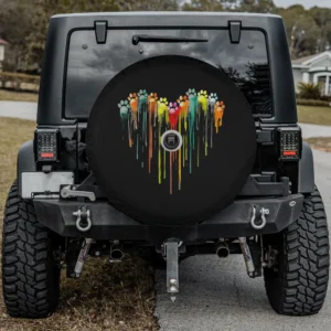 colorful dog paw heart watercolor drips spare tire cover with camera hole