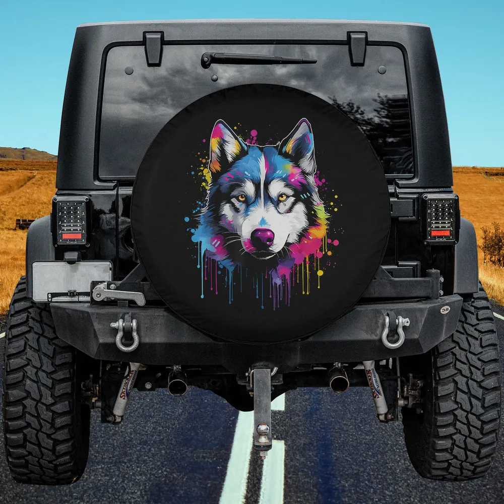 Colorful dripping paint Siberian Husky dog spare tire cover with no camera hole