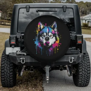 Colorful dripping paint Siberian Husky dog spare tire cover with backup camera hole