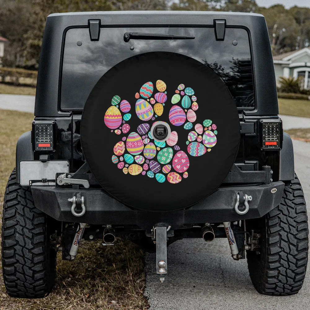 Spare tire cover with colorful Easter eggs dog paw cat paw design and backup camera hole