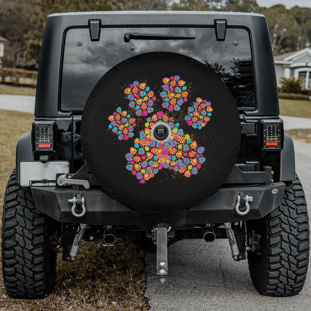 Colorful egg mosaic dog paw Easter Christian spare tire cover with backup camera hole