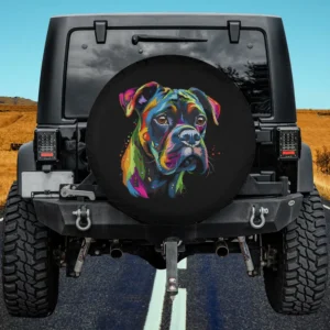 colorful face boxer dog art black spare tire cover no camera hole