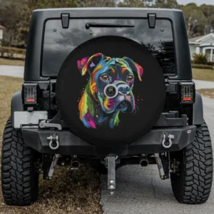 colorful face boxer dog art black spare tire cover with camera hole