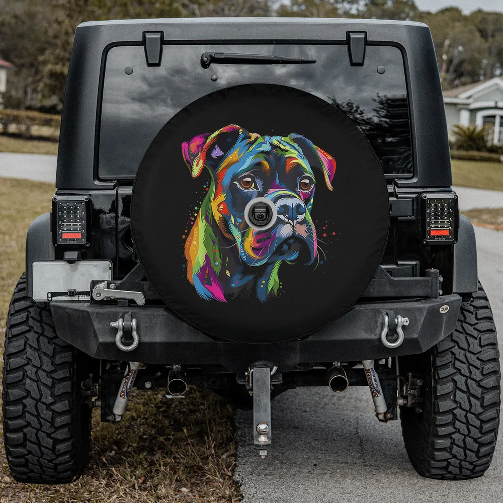 colorful face boxer dog art black spare tire cover with camera hole