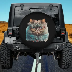 Colorful Persian cat with glasses and hearts spare tire cover for Jeep SUV RV