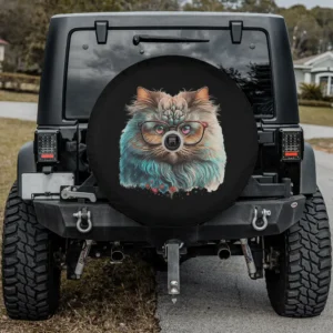 Spare tire cover with colorful Persian cat, glasses, hearts, backup camera hole