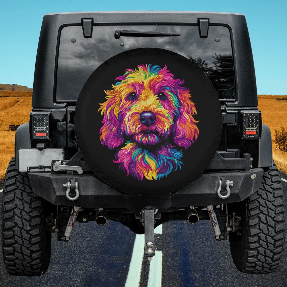 Colorful Goldendoodle face rainbow dog lover spare tire cover no camera hole for Jeep SUV RV