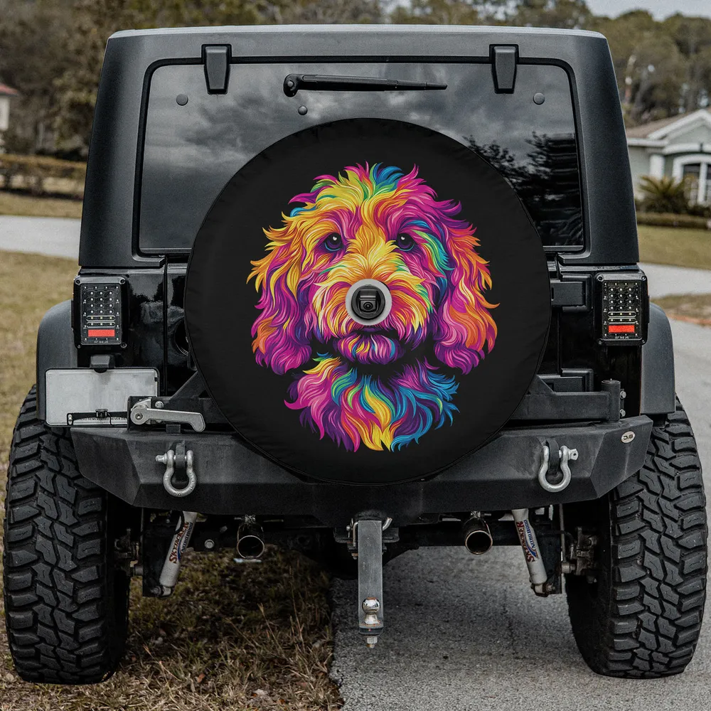Colorful Goldendoodle face rainbow dog lover spare tire cover with camera hole for Jeep SUV RV