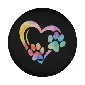 Dog lover spare tire cover design with rainbow heart and paw prints
