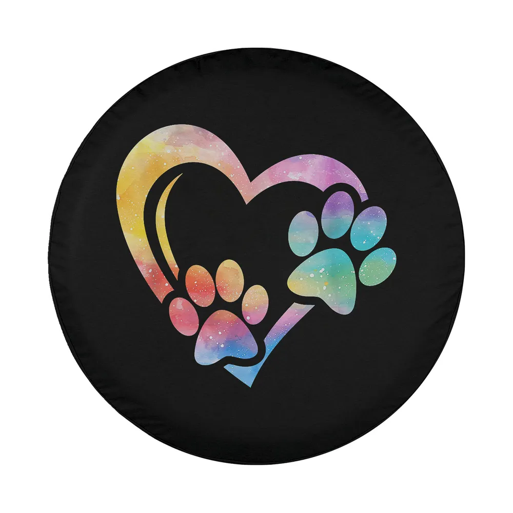 Dog lover spare tire cover design with rainbow heart and paw prints