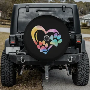 Spare tire cover with colorful heart paw print for dog mom with camera hole