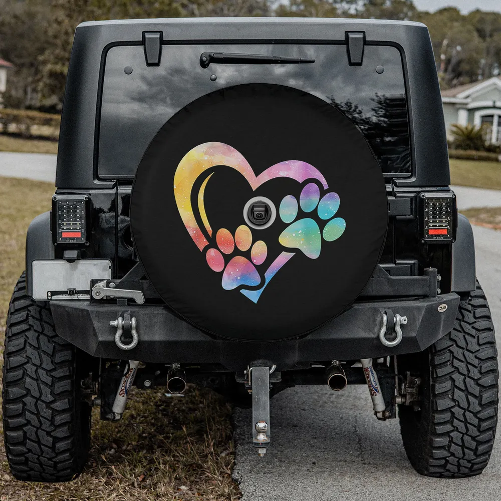 Spare tire cover with colorful heart paw print for dog mom with camera hole