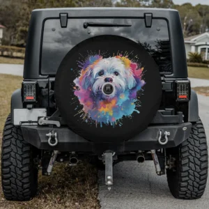 Colorful splash art Maltese dog paint splatter spare tire cover with camera hole