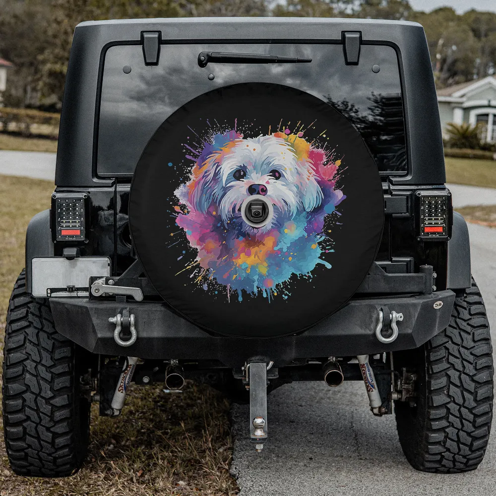 Colorful splash art Maltese dog paint splatter spare tire cover with camera hole