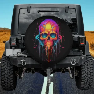 Colorful melting skull paint drip skeleton head spare tire cover no camera hole for Jeep or SUV