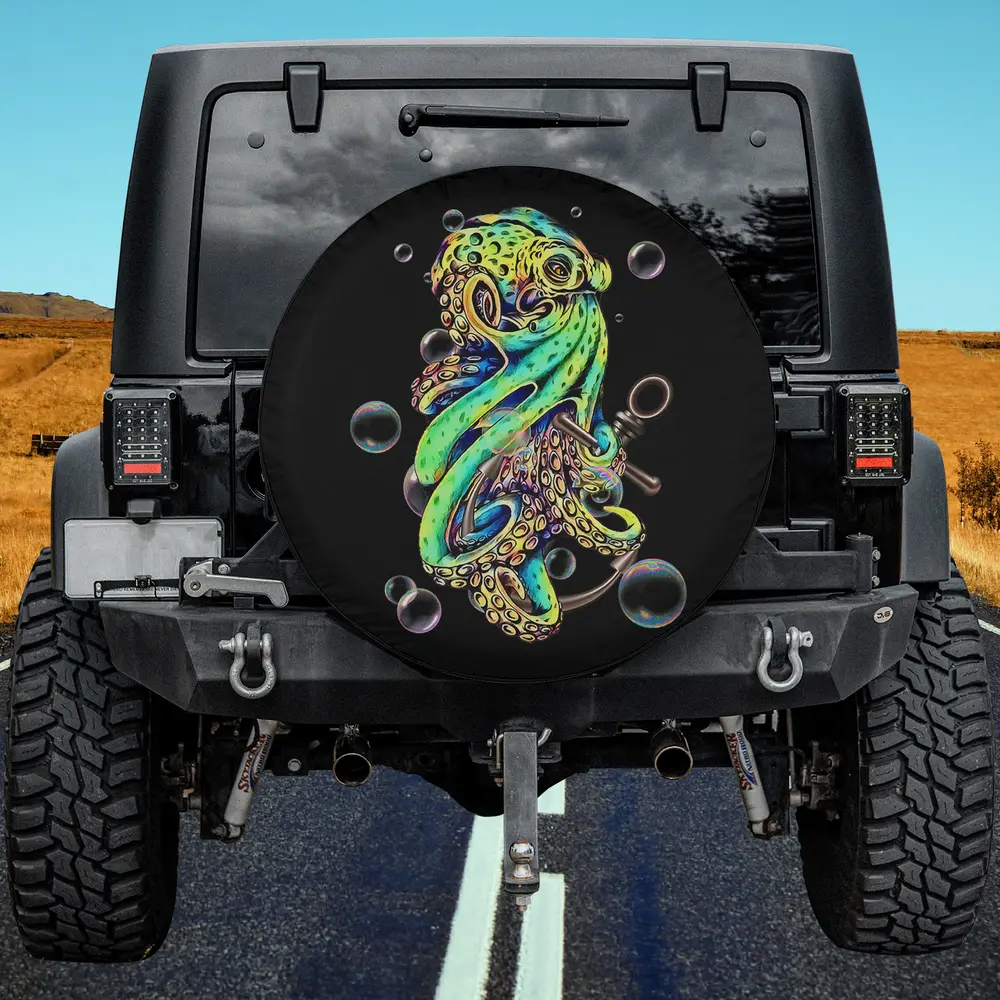 Colorful octopus with bubbles and trendy anchor spare tire cover no camera hole