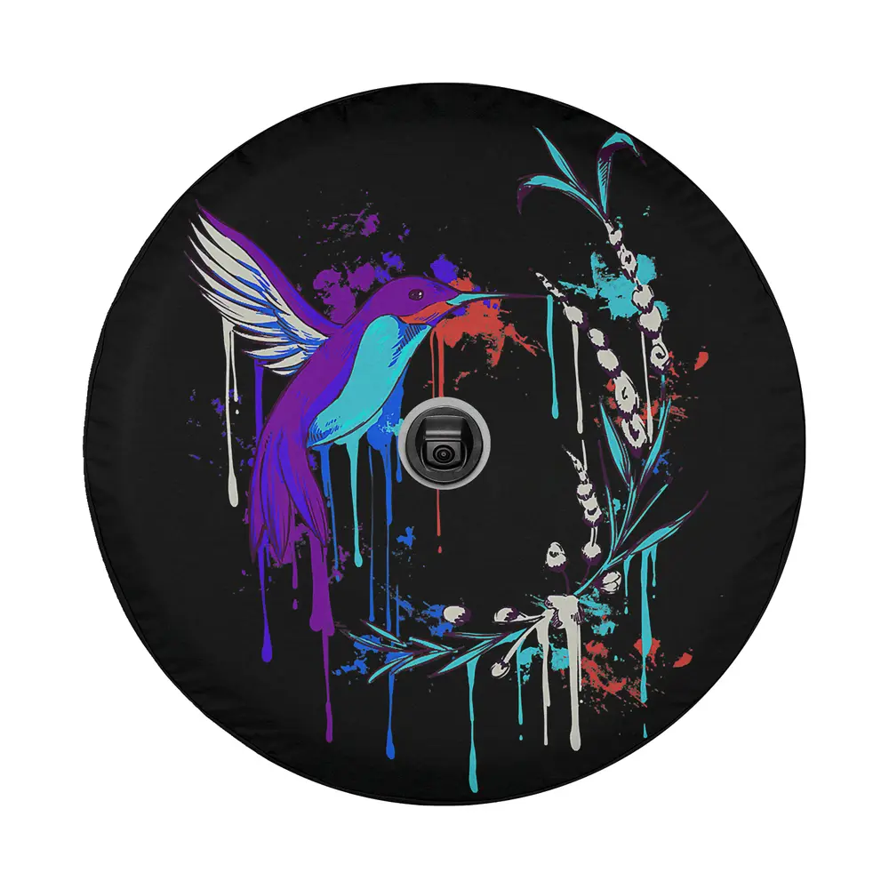 colorful paint drip hummingbird floral wreath spare tire cover design only