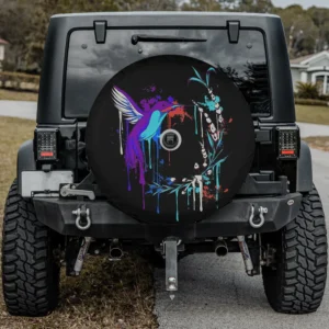 colorful paint drip hummingbird floral wreath spare tire cover with camera hole