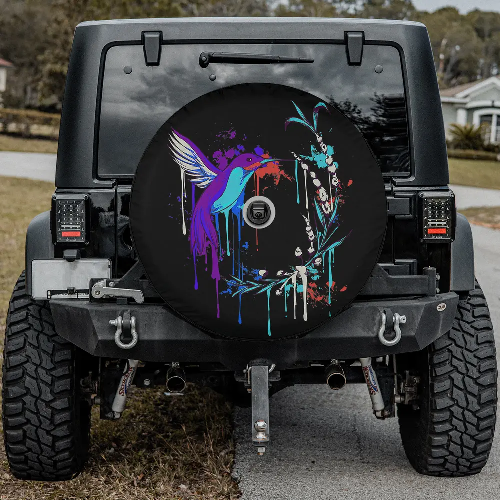 colorful paint drip hummingbird floral wreath spare tire cover with camera hole