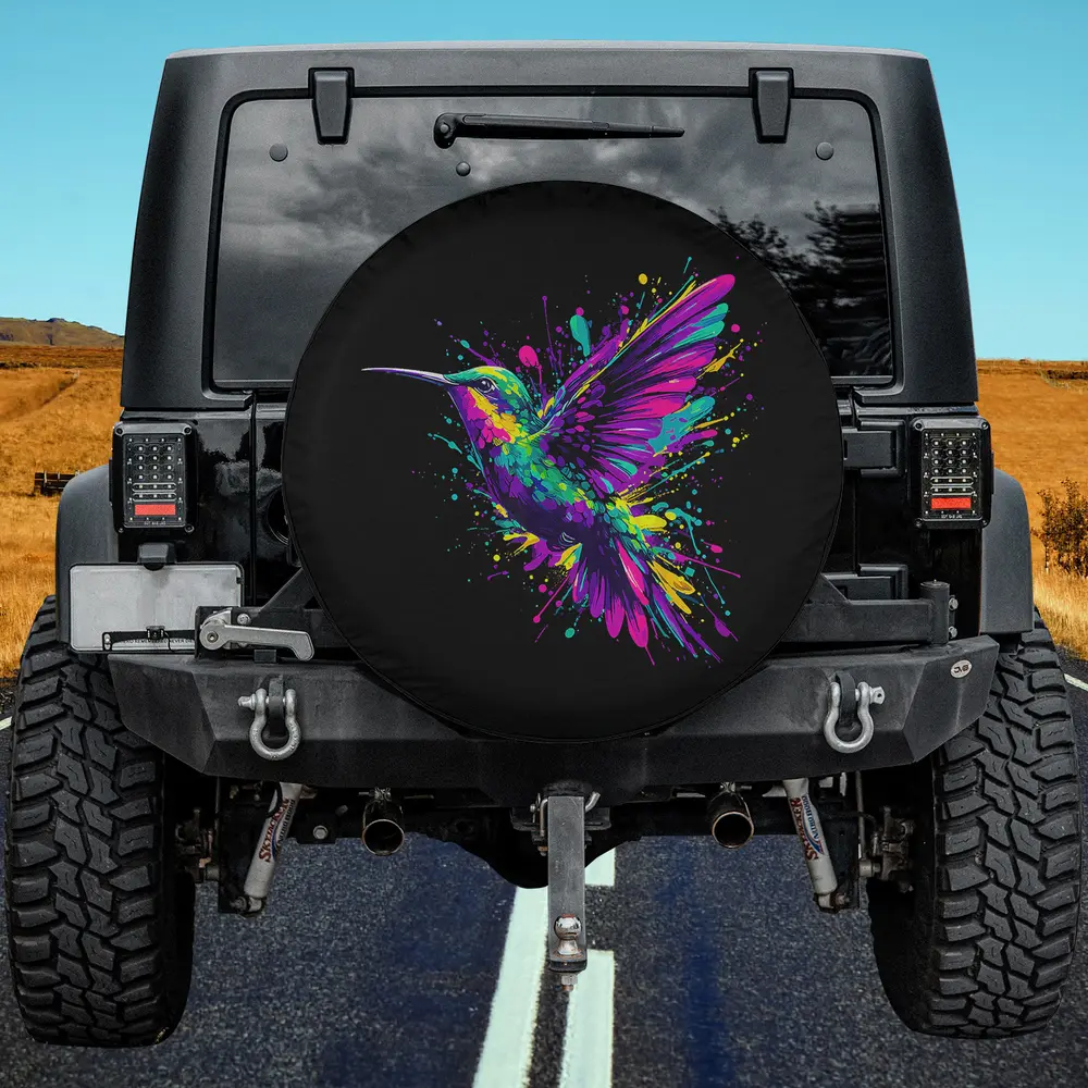 colorful paint splash hummingbird watercolor spare tire cover no camera hole