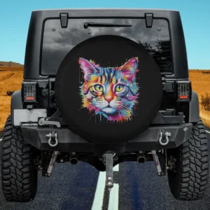 colorful pop art cat head paint splatter spare tire cover no camera hole for Jeep SUV RV
