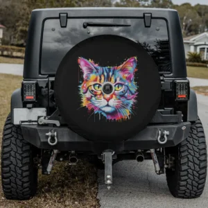 colorful pop art cat head paint splatter spare tire cover with camera hole for Jeep SUV RV