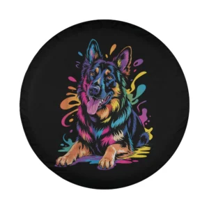 Pop art German Shepherd dog portrait with colorful paint splash accents