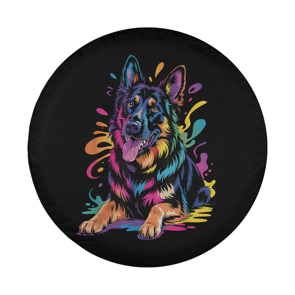 Pop art German Shepherd dog portrait with colorful paint splash accents