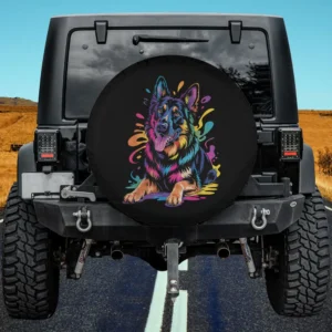 Colorful pop art German Shepherd portrait spare tire cover with neon paint splashes on black, no camera hole
