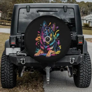 Colorful pop art German Shepherd portrait spare tire cover with neon paint splashes, backup camera hole