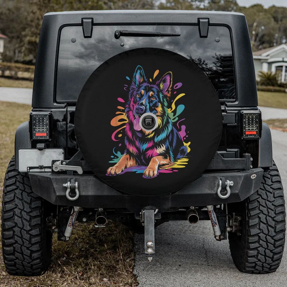 Colorful pop art German Shepherd portrait spare tire cover with neon paint splashes, backup camera hole