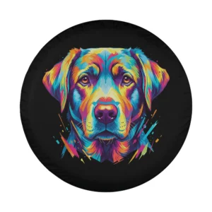 Vibrant pop art Labrador Retriever dog face illustration on spare tire cover