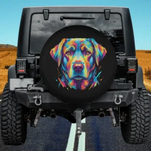 Colorful pop art Labrador Retriever dog face spare tire cover with no camera hole on Jeep