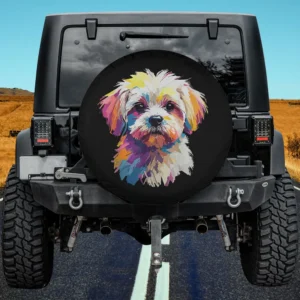 Colorful pop art Maltese dog funny spare tire cover on Jeep, no camera hole