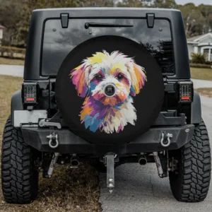 Colorful pop art Maltese dog funny spare tire cover with backup camera hole option