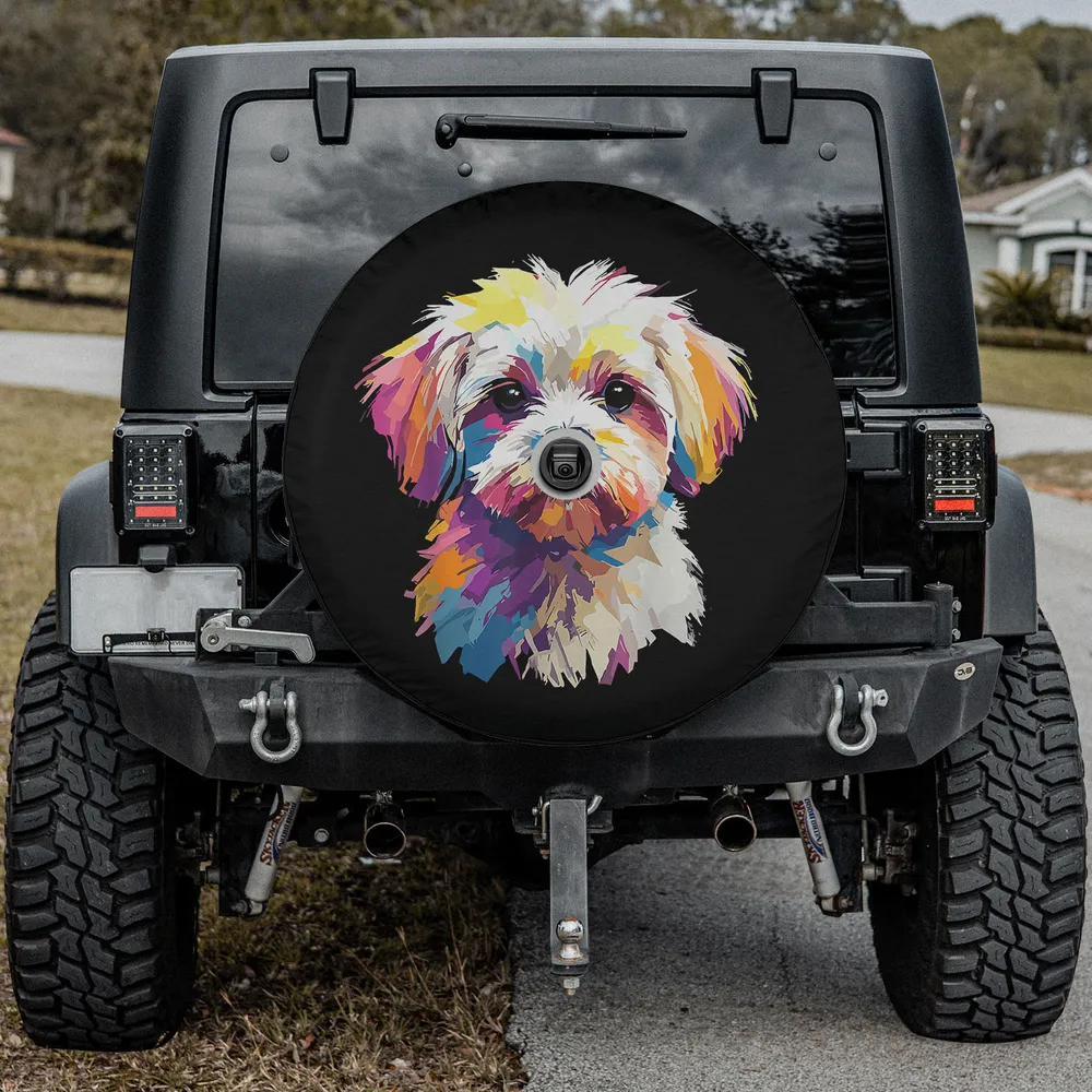 Colorful pop art Maltese dog funny spare tire cover with backup camera hole option