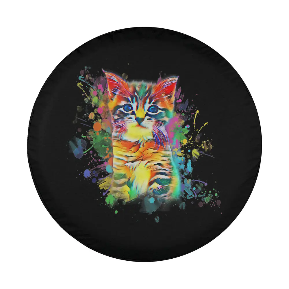 Colorful retro watercolor kitty paint splash cat design for spare tire cover