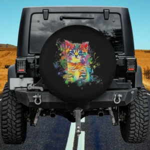 Colorful retro watercolor kitty paint splash cat spare tire cover with no camera hole for Jeep, SUV, RV