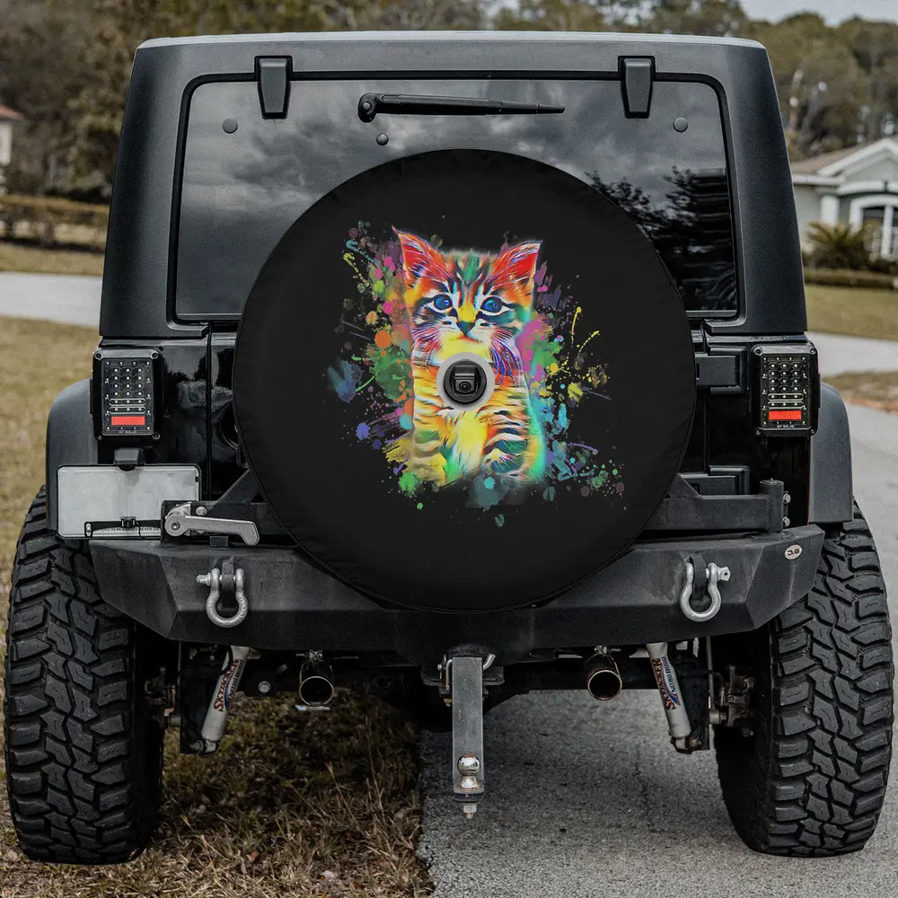 Colorful retro watercolor kitty paint splash cat spare tire cover with backup camera hole for Jeep, SUV, RV