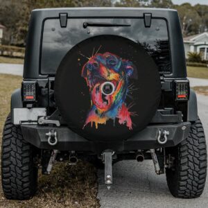 Colorful splatter Rottweiler dog tongue out spare tire cover with camera hole