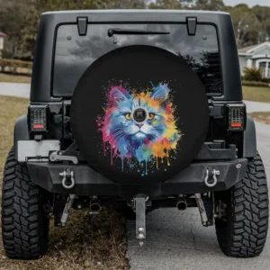 Alternative view of Colorful Splash Art Selkirk Rex Cat Face Spare Tire Cover for Jeep SUV RV